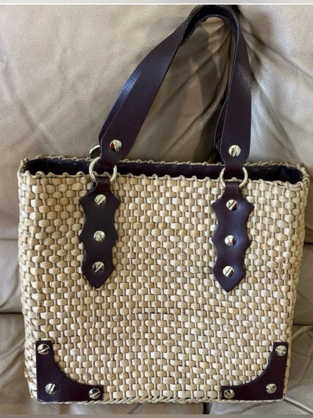 MICHAEL Kors Santorini Raffia Straw Tote Handbag Brown Leather Accents - Picture 2 of 16